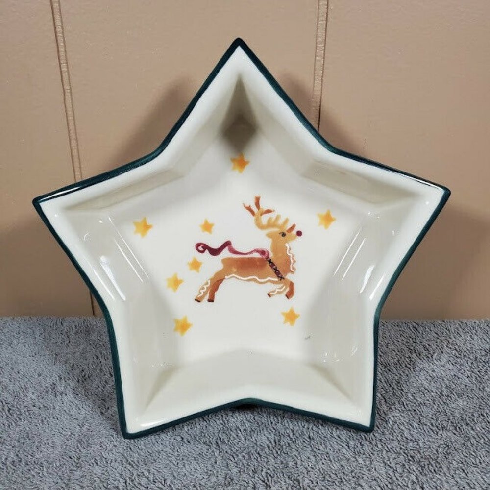 Hartstone Pottery 1991 USA Up On the Rooftop Noble Excellence Reindeer Dish Star